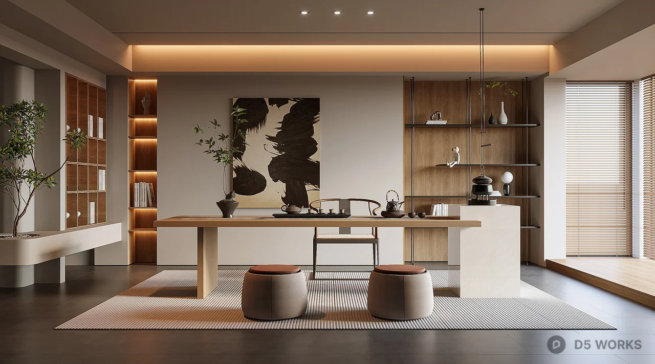 Minimalist Tea Room with Wooden Shelves and Low Table 3d model - Image 1