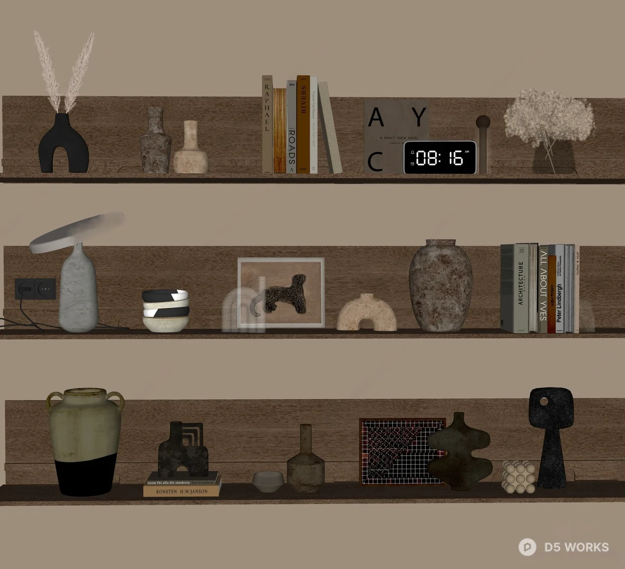 Minimalist Ceramic And Bookshelf Decor Set 3d model thumbnail 2