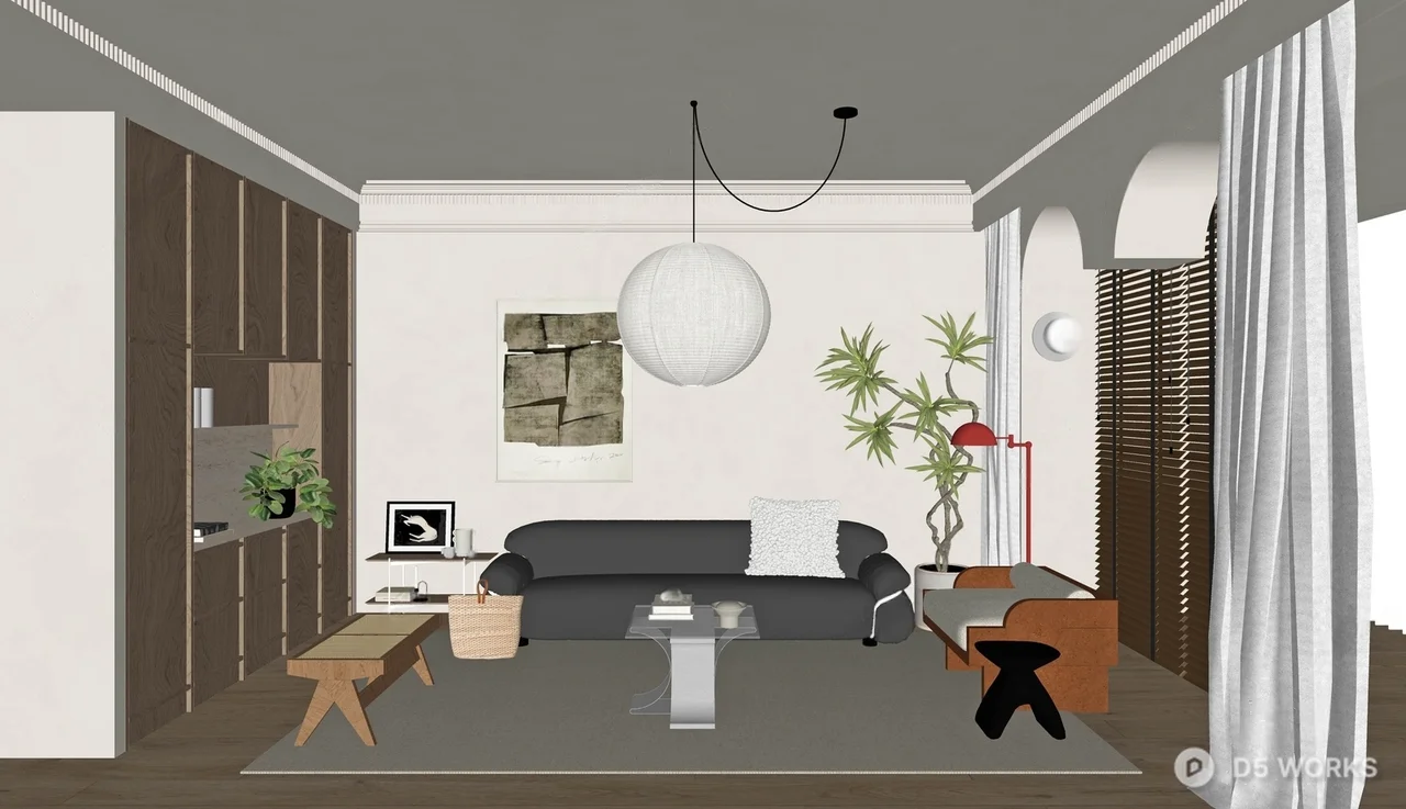Minimalist Living Room with Leather Sofa and Pendant Light 3d model thumbnail 2