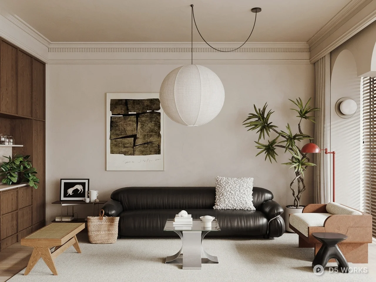 Minimalist Living Room with Leather Sofa and Pendant Light 3d model - Image 1