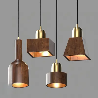 Wooden And Brass Pendant Lights Set 3d model