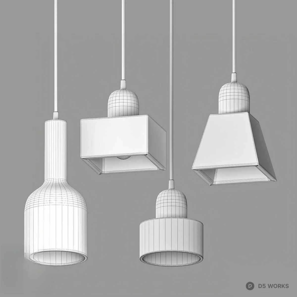 Wooden And Brass Pendant Lights Set 3d model thumbnail 2