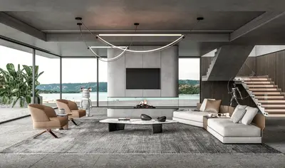 Minimalist Villa Living Room With Floor-To-Ceiling Windows And Sculptural Lighting 3d model