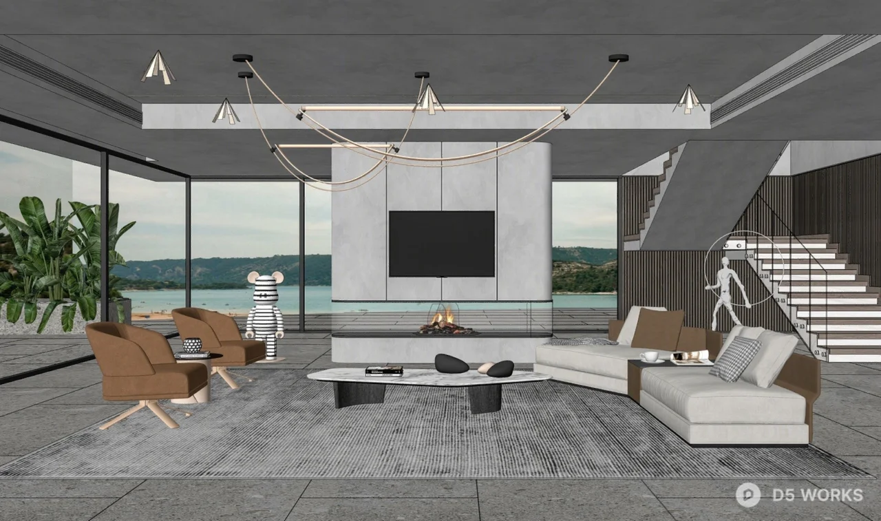 Minimalist Villa Living Room With Floor-To-Ceiling Windows And Sculptural Lighting 3d model thumbnail 2