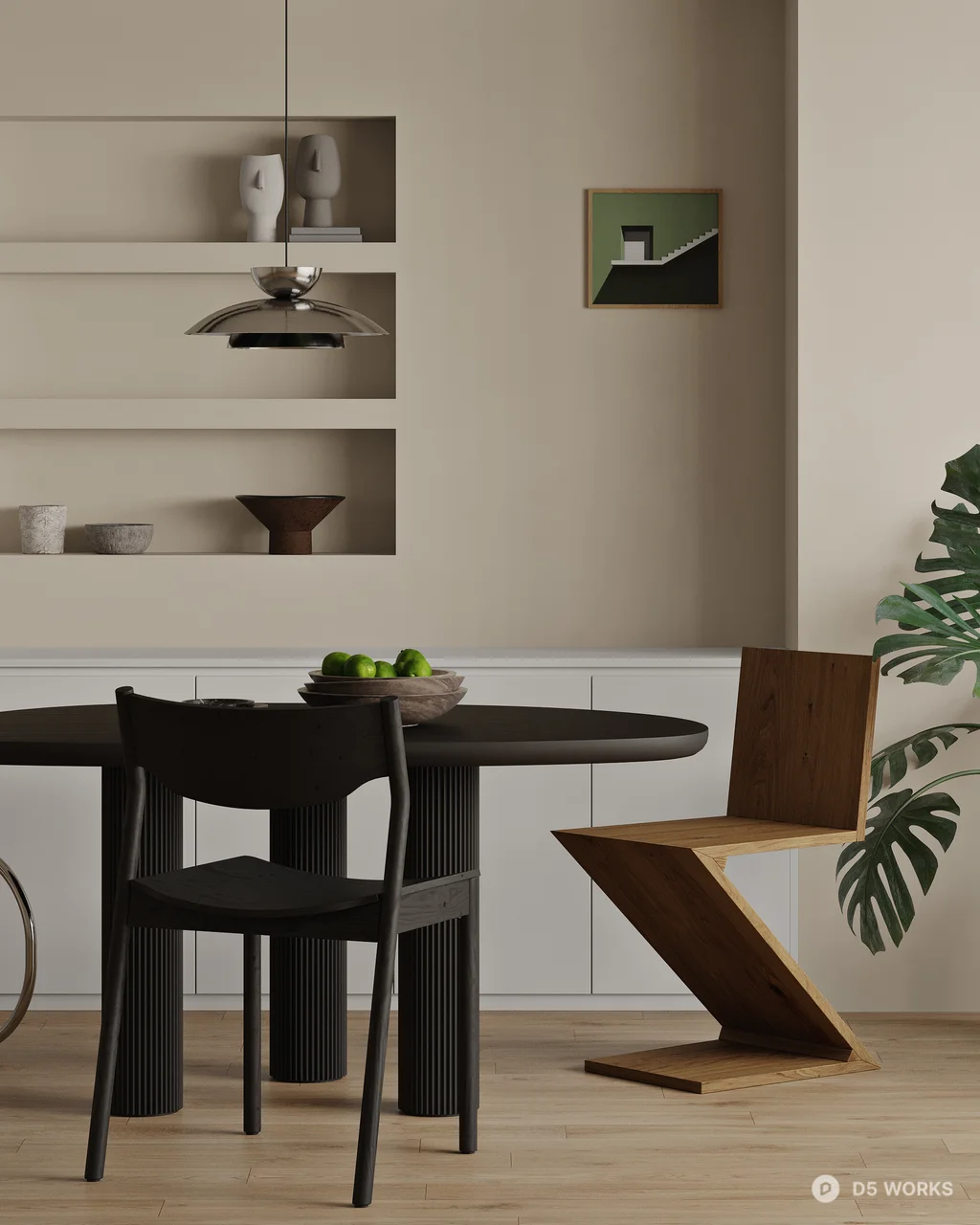 Minimalist Dining Room With Black Round Table And Sculptural Chairs 3d model thumbnail 3