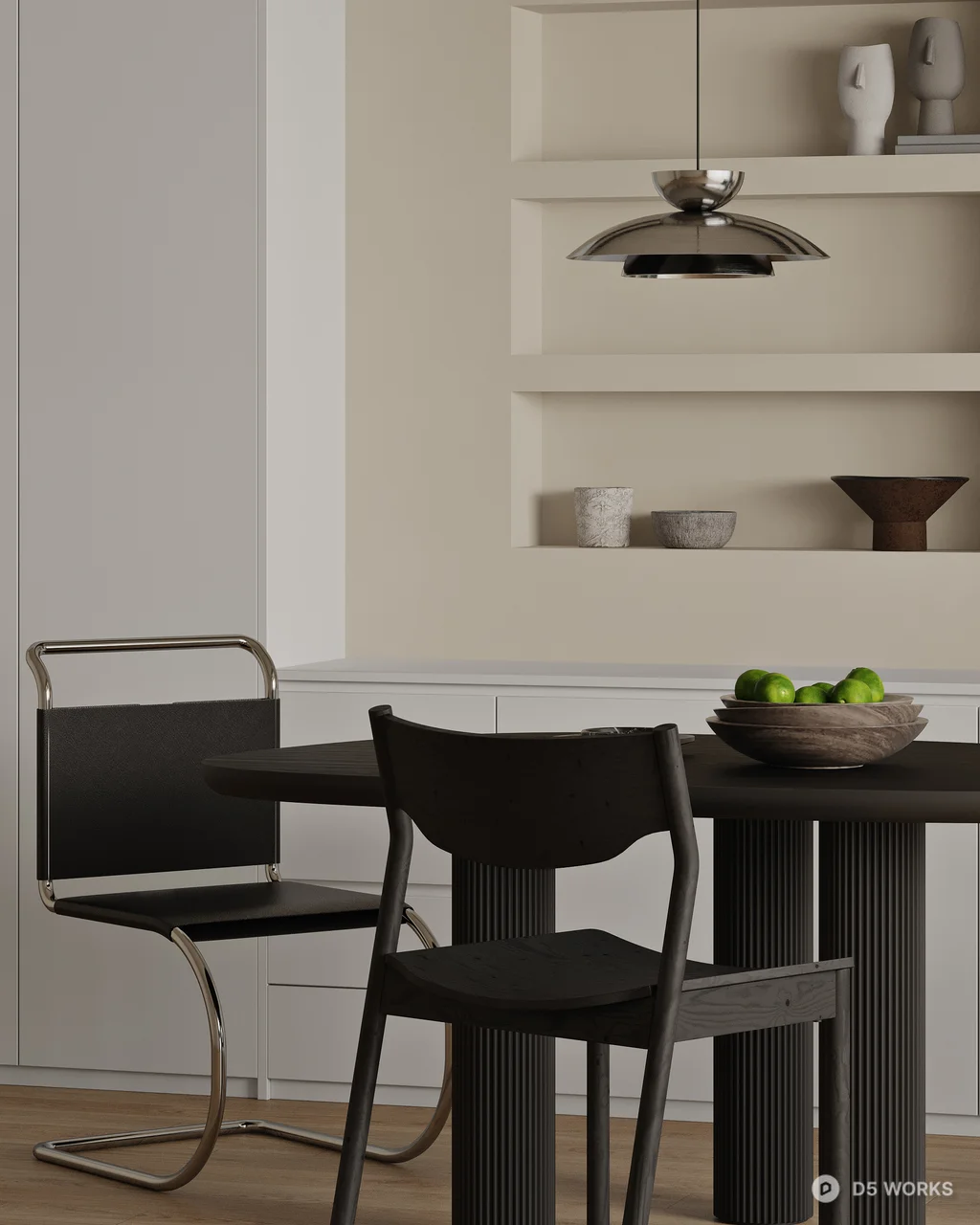 Minimalist Dining Room With Black Round Table And Sculptural Chairs 3d model thumbnail 4