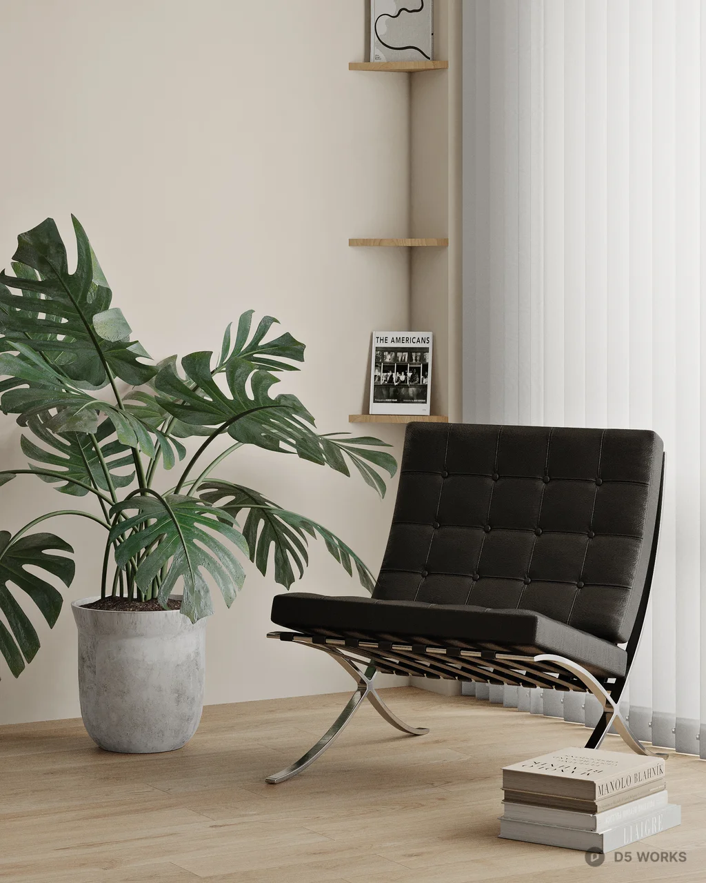 Minimalist Dining Room With Black Round Table And Sculptural Chairs 3d model thumbnail 2