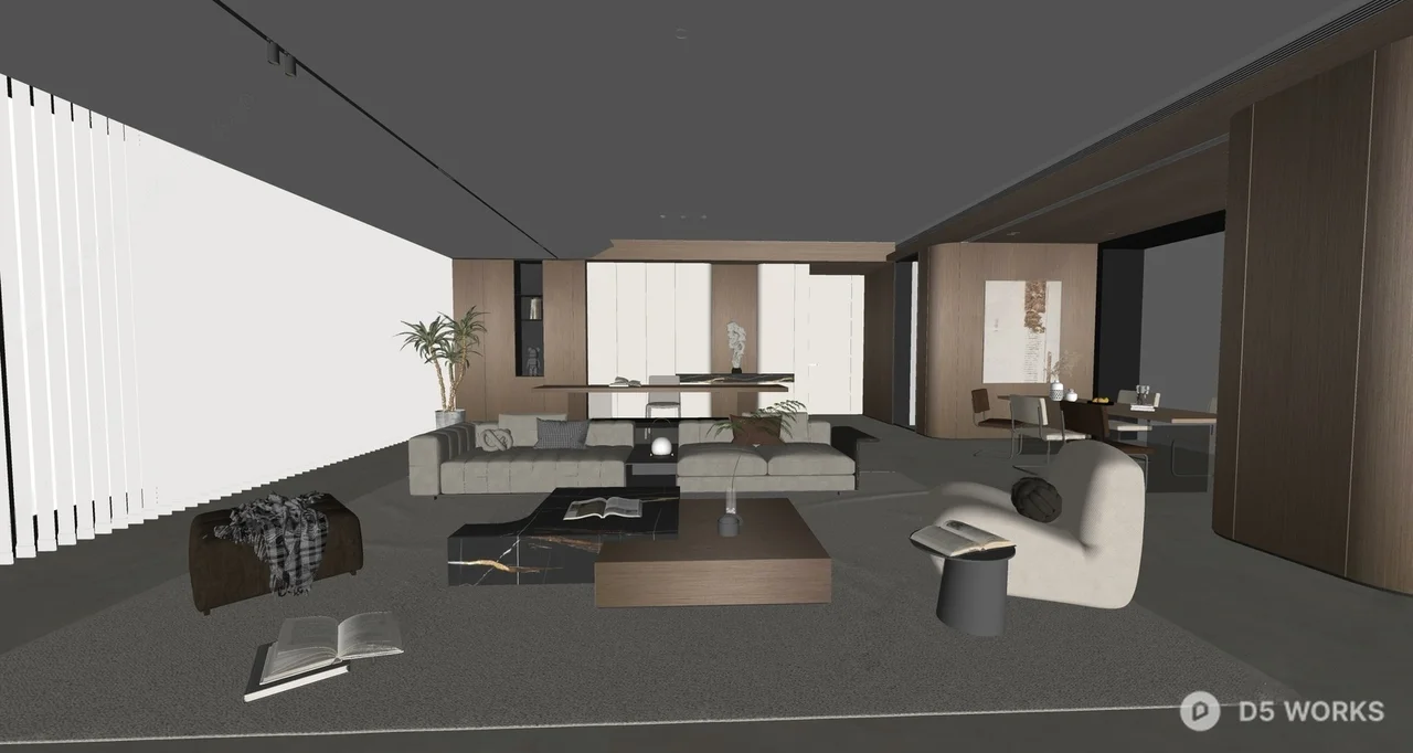 Minimalist Open-Plan Living Dining Space 3d model thumbnail 2