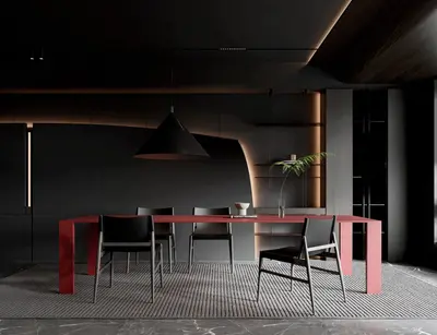 Minimalist Dining Room with Red Table and Black Chairs 3d model