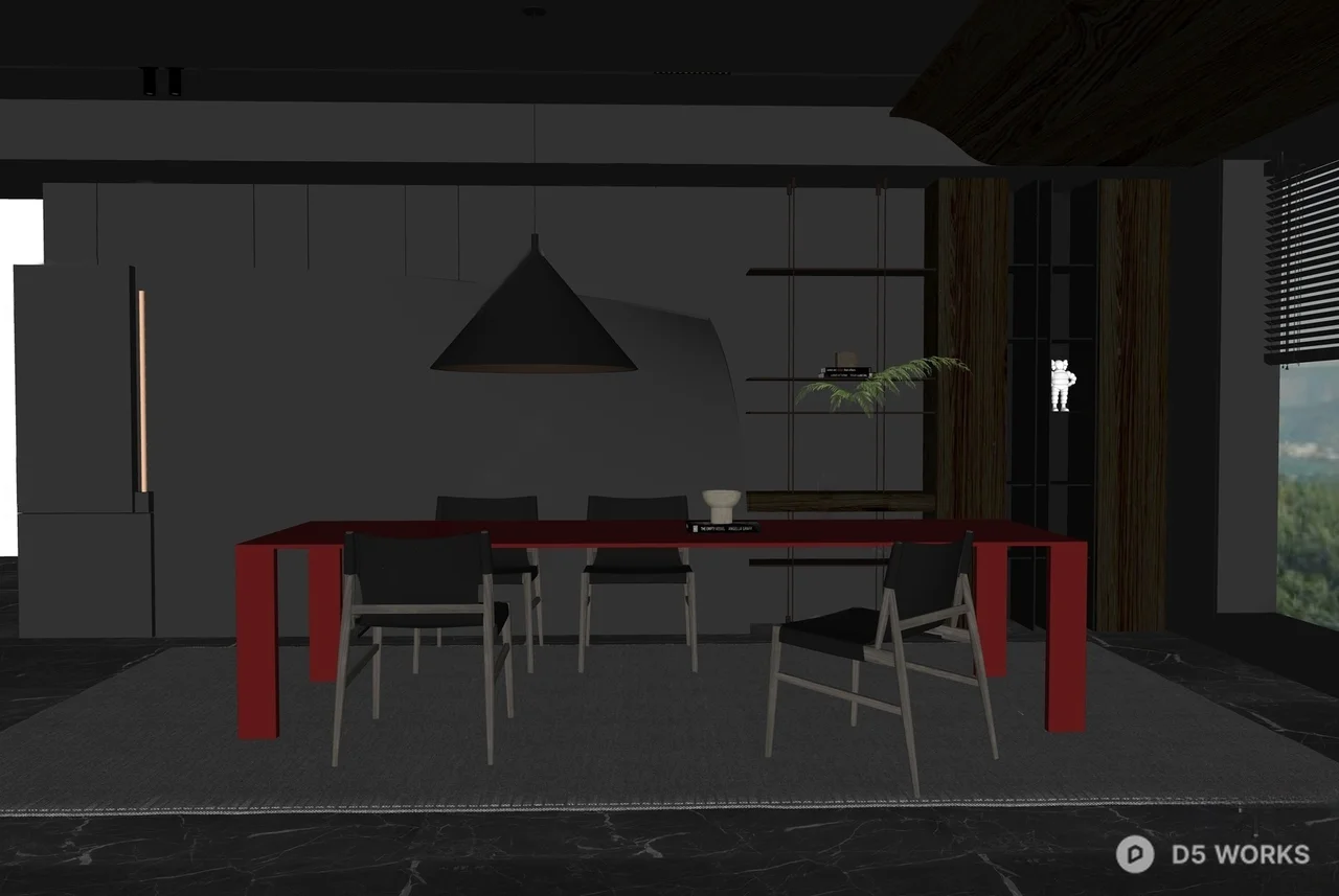 Minimalist Dining Room with Red Table and Black Chairs 3d model thumbnail 2