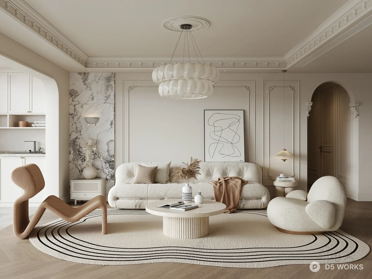 Elegant Living Room with Curved Furniture and Marble Accent Wall 3d model - Image 1