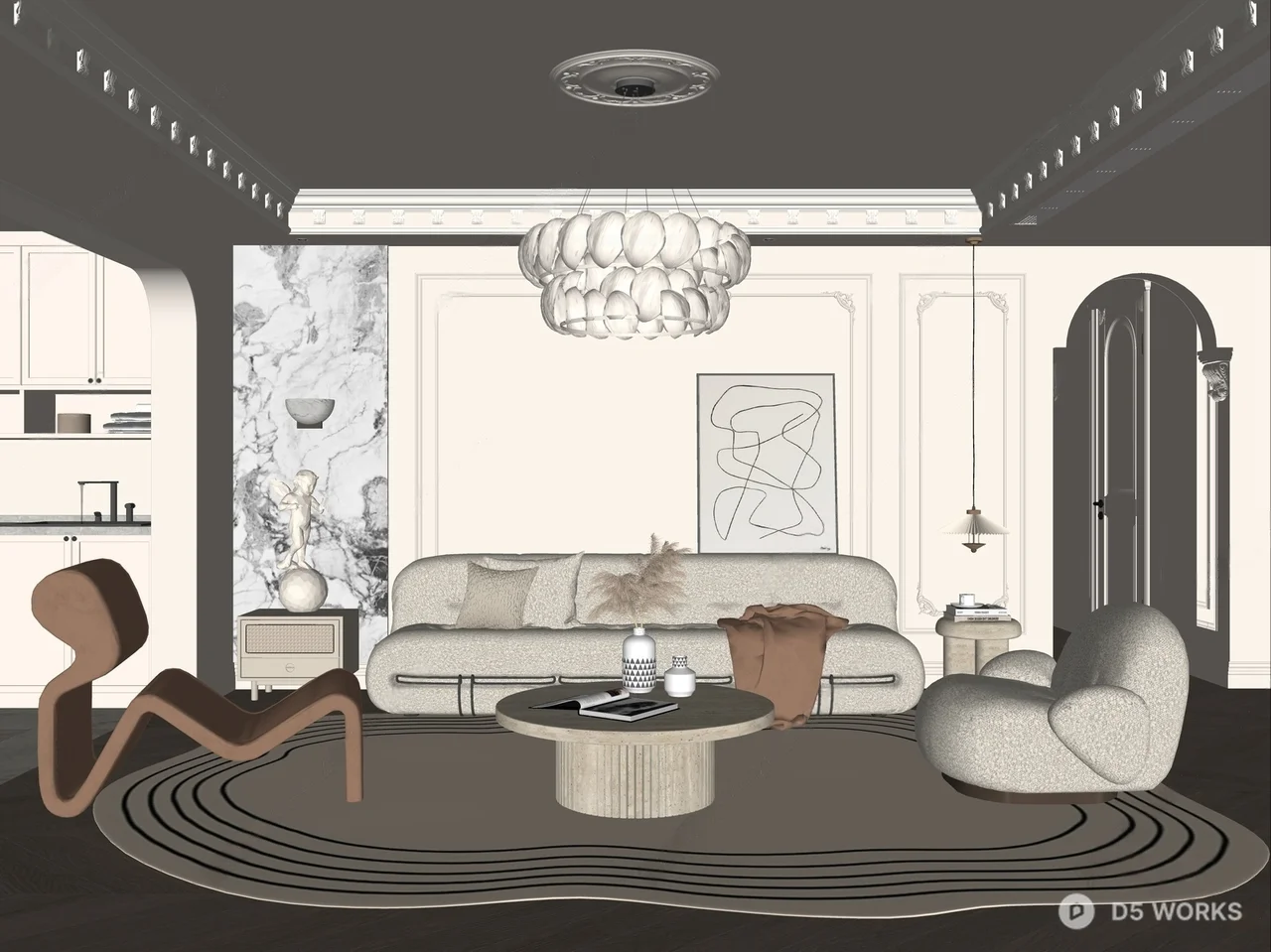Elegant Living Room with Curved Furniture and Marble Accent Wall 3d model thumbnail 2