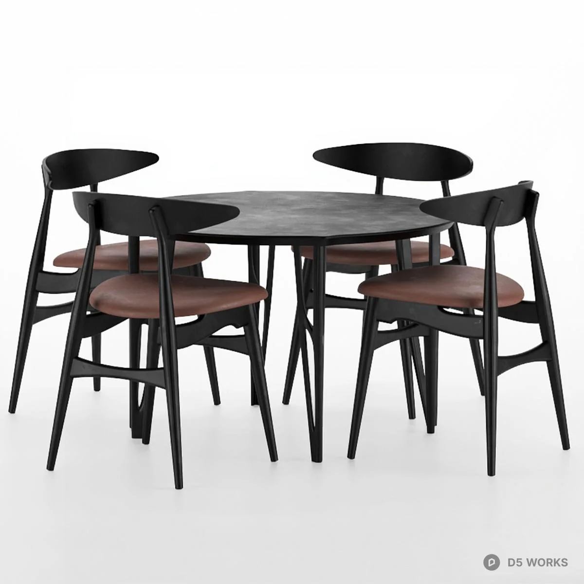 Free Black Round Dining Table With Four Brown Upholstered Chairs 3D ...