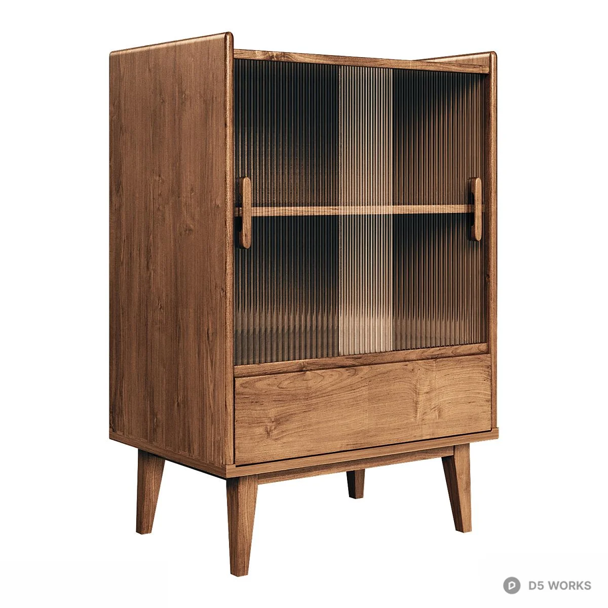 Mid Century Modern Wood Cabinet With Fluted Glass Door 3d model - Image 1