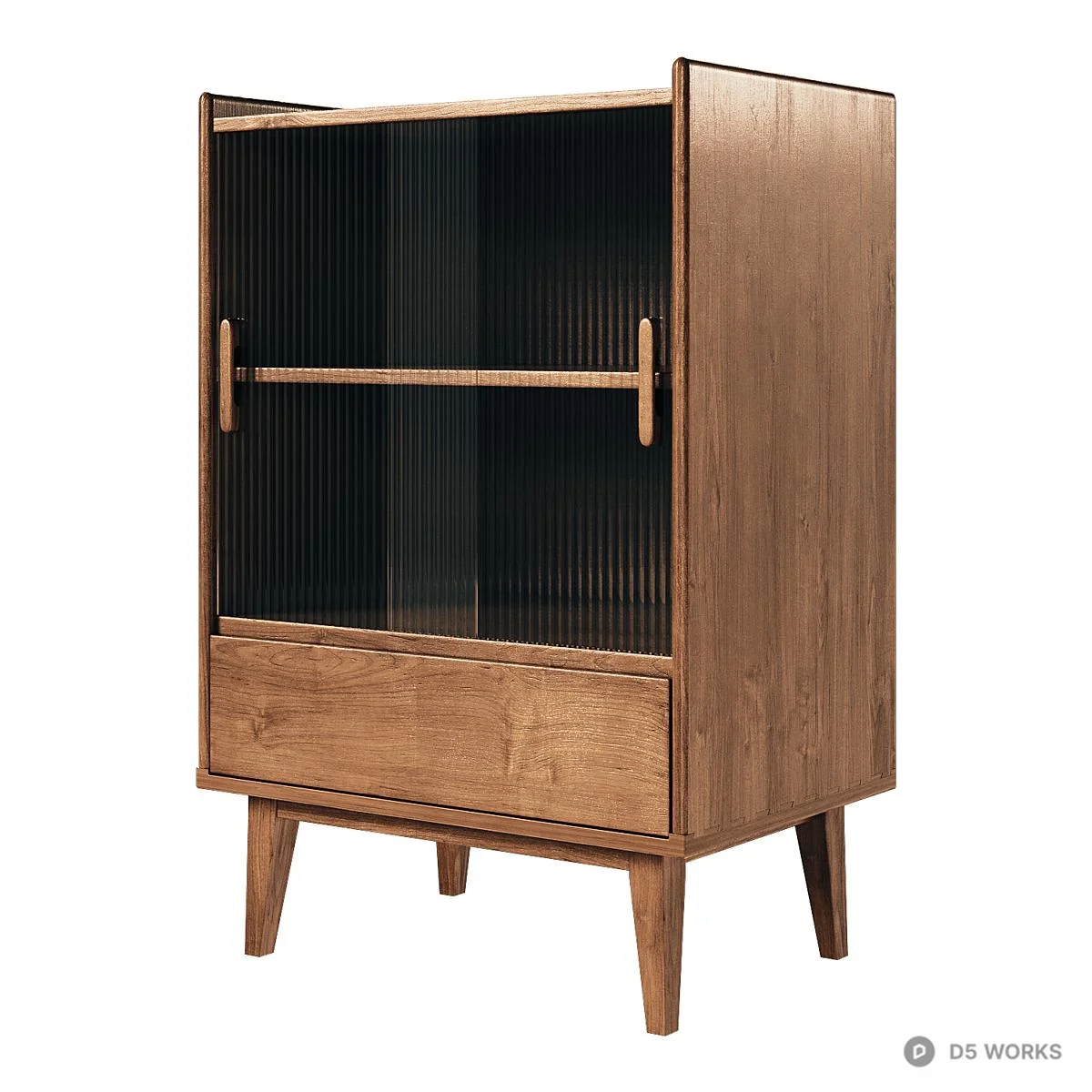 Mid Century Modern Wood Cabinet With Fluted Glass Door 3d model thumbnail 3