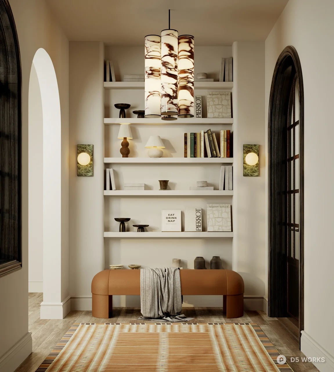 Minimalist Hallway Niche With Built-In Shelving And Pendant Lighting 3d model - Image 1
