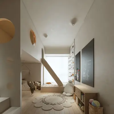 Minimalist Children's Room With Slide And Chalkboard Wall 3d model