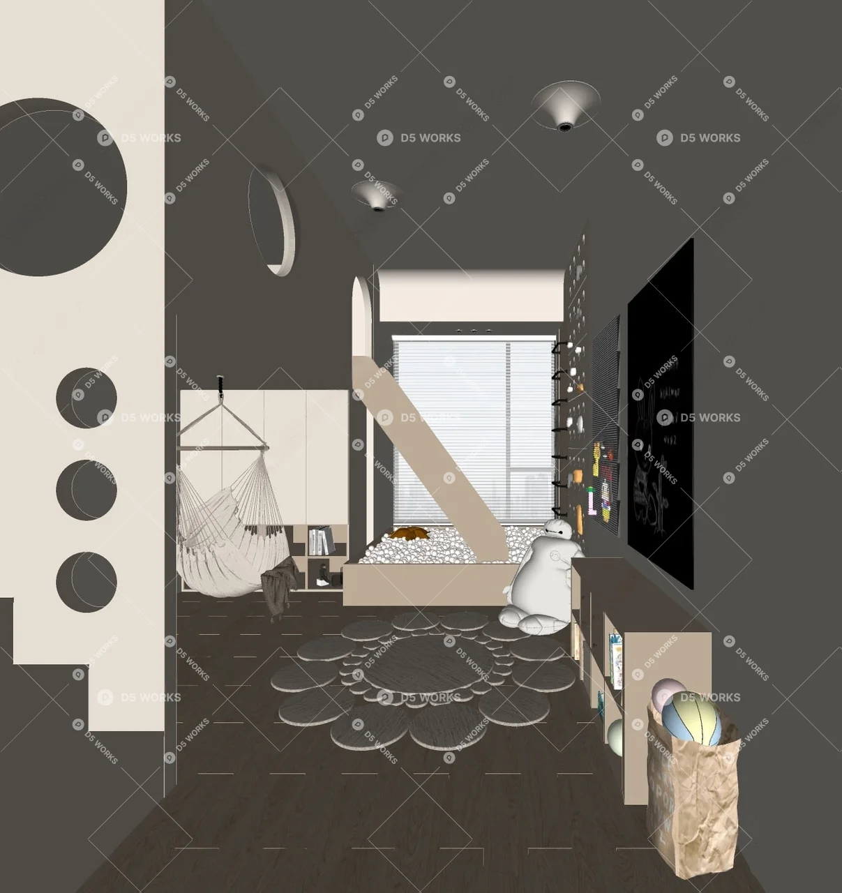 Minimalist Children's Room With Slide And Chalkboard Wall 3d model thumbnail 2