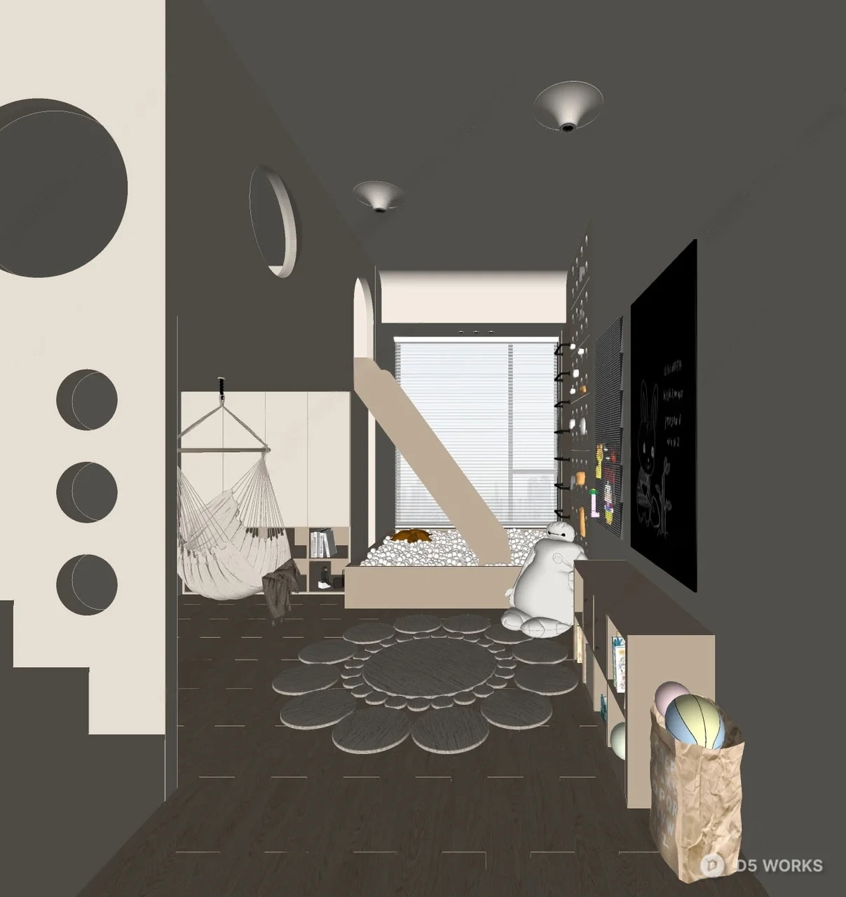 Minimalist Children's Room With Slide And Chalkboard Wall 3d model thumbnail 2