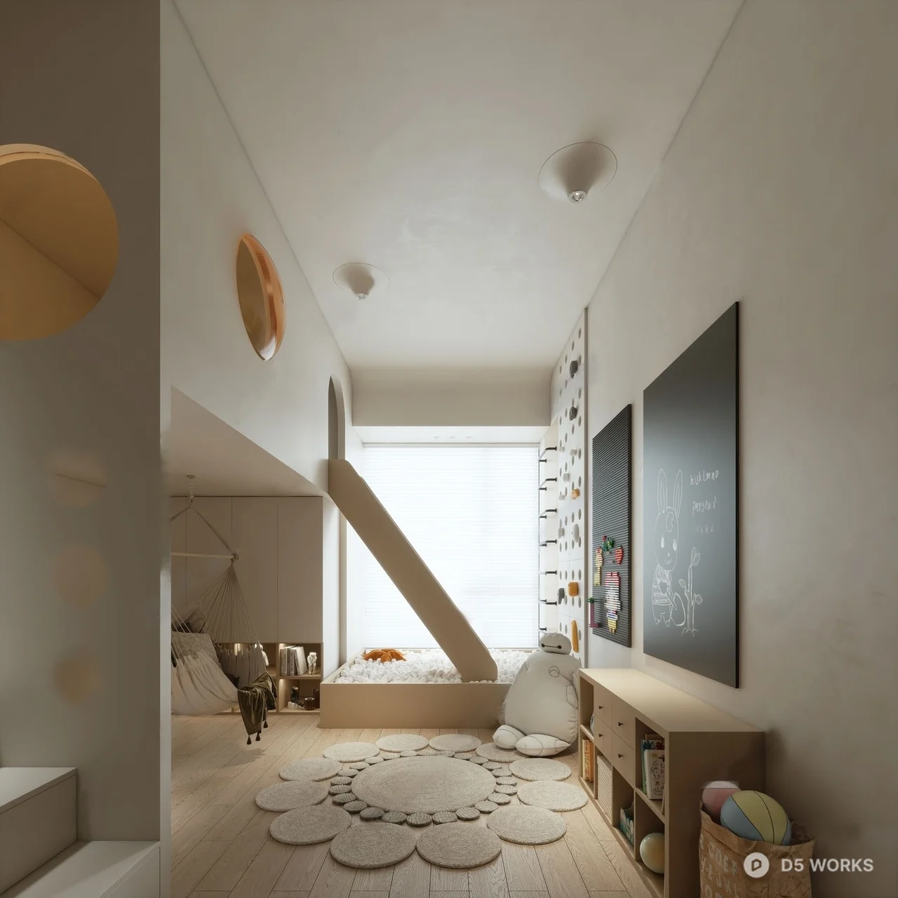 Minimalist Children's Room With Slide And Chalkboard Wall 3d model - Image 1