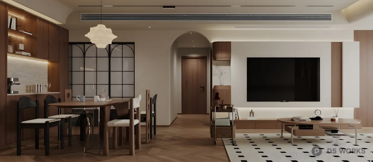 Modern Open Plan Living Dining Space With Wooden Accents 3d model thumbnail 2