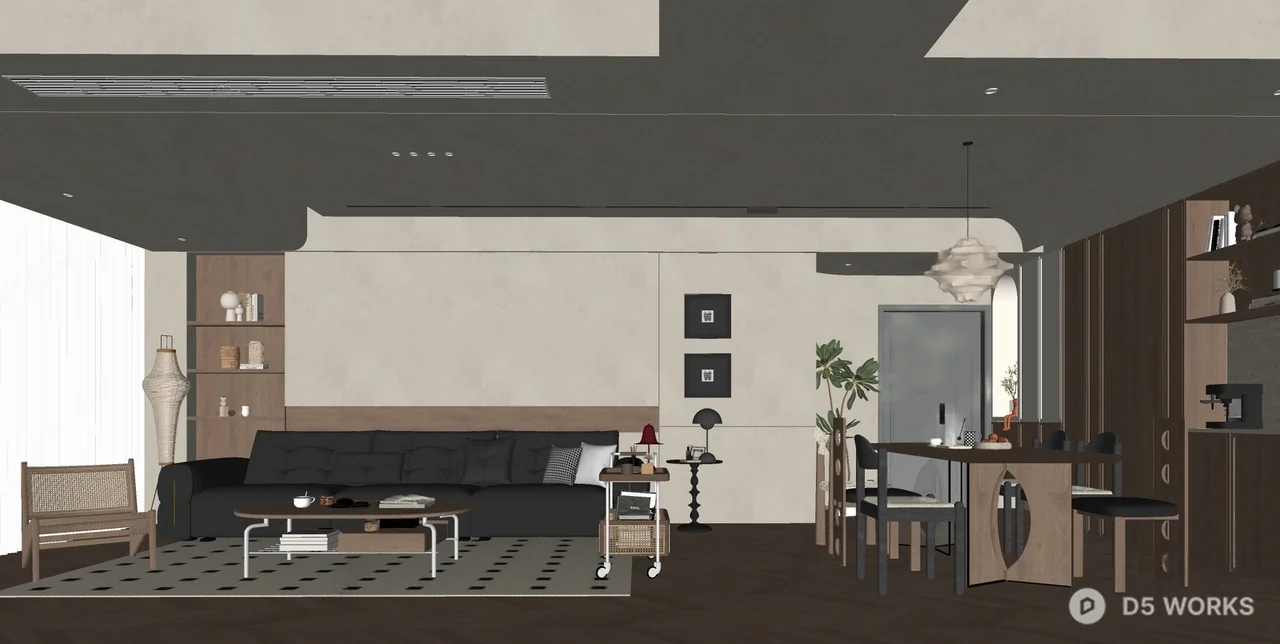 Modern Open Plan Living Dining Space With Wooden Accents 3d model thumbnail 3