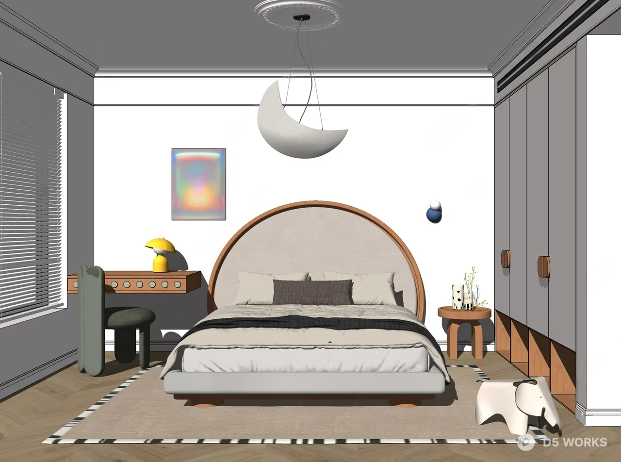 Minimalist Universal Children Room with Arc Bed Frame 3d model thumbnail 2
