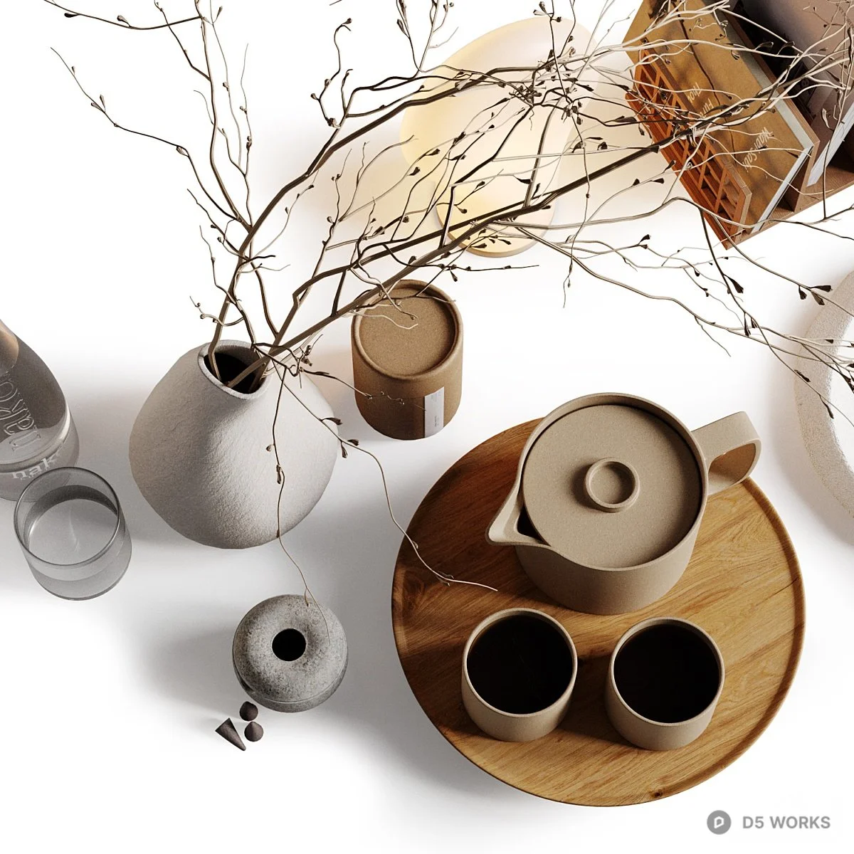 Minimalist Ceramic Tea Set With Branch Vase 3d model thumbnail 3
