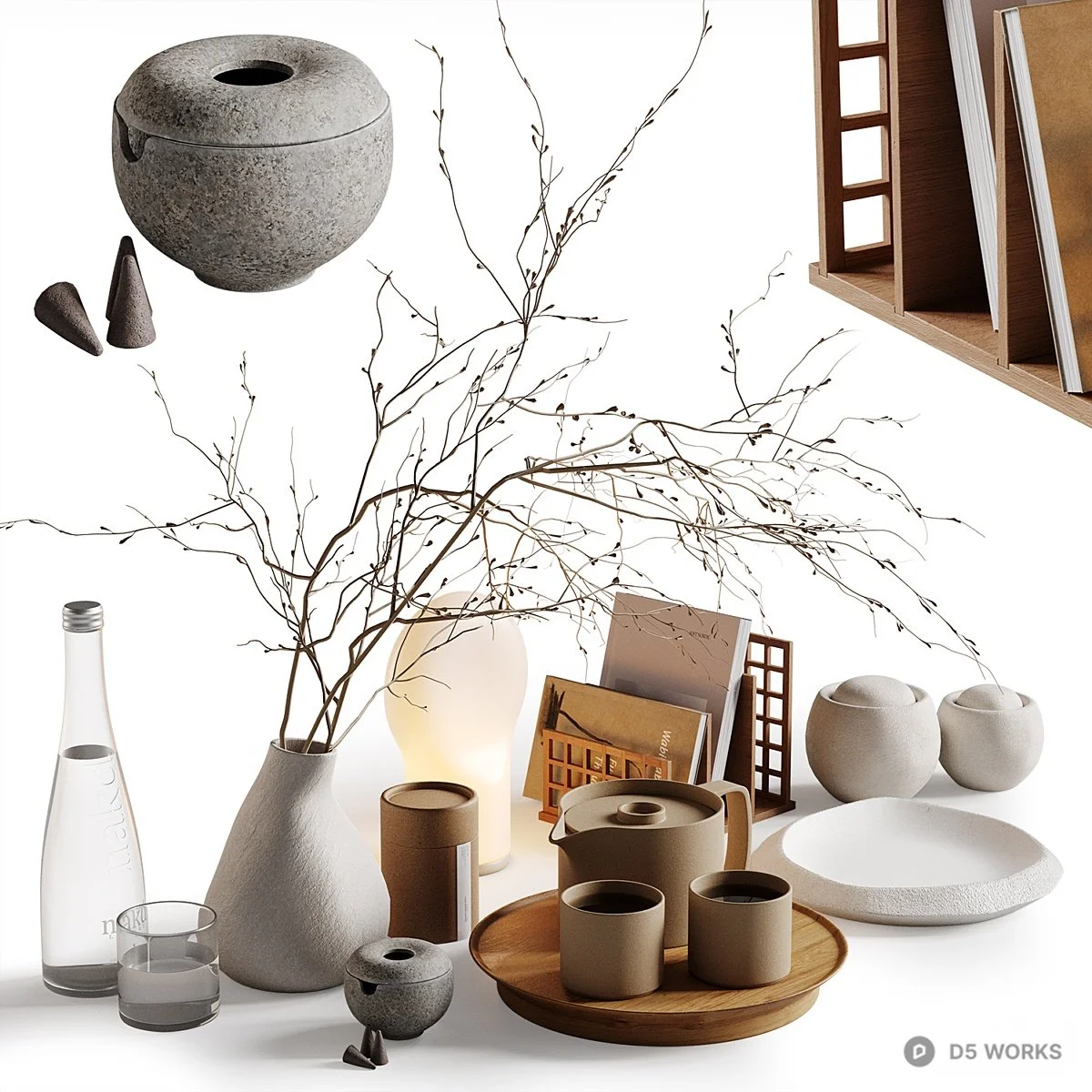 Minimalist Ceramic Tea Set With Branch Vase 3d model thumbnail 2