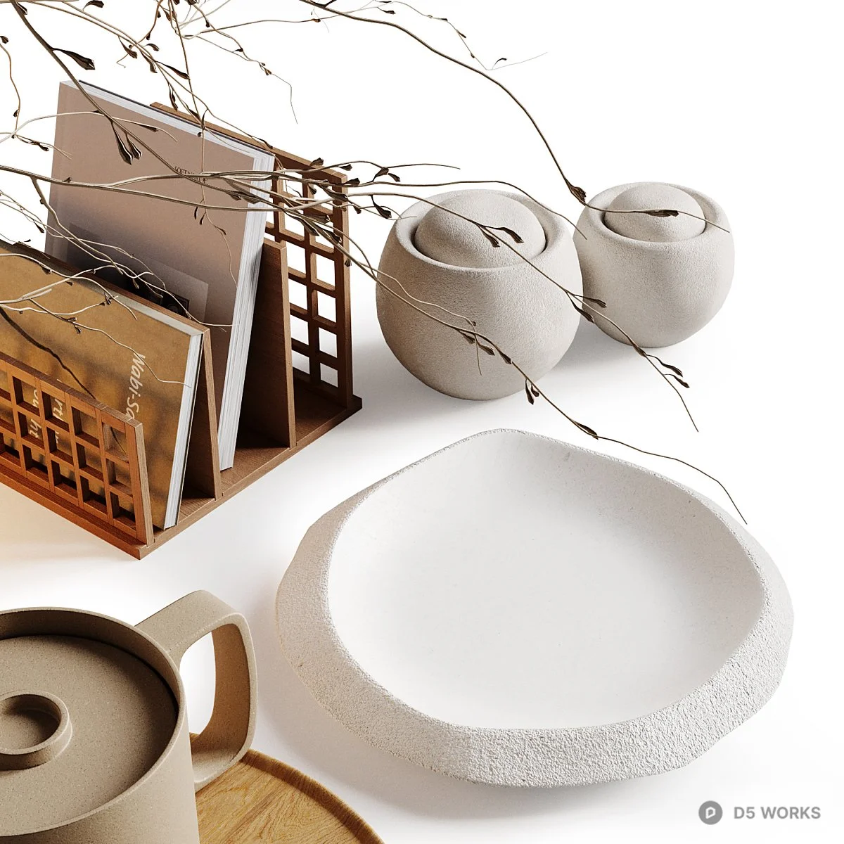 Minimalist Ceramic Tea Set With Branch Vase 3d model thumbnail 5
