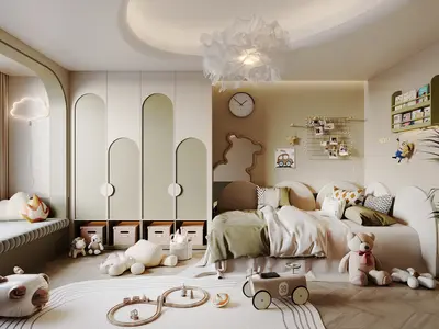 Minimalist Neutral-Tone Children's Bedroom With Integrated Storage And Play Area 3d model