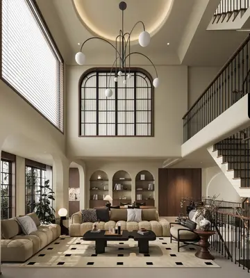 Modern Minimalist Villa Living Room With Arched Shelving And Statement Chandelier 3d model