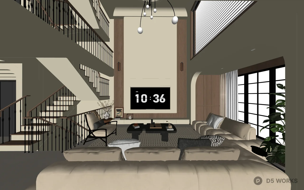 Modern Minimalist Villa Living Room With Arched Shelving And Statement Chandelier 3d model thumbnail 3