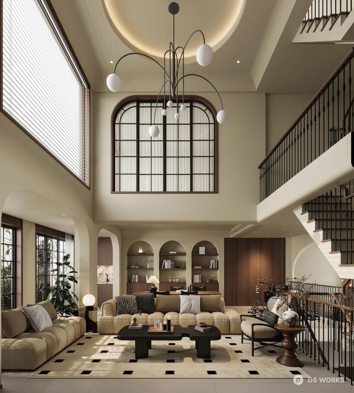 Modern Minimalist Villa Living Room With Arched Shelving And Statement Chandelier 3d model - Image 1