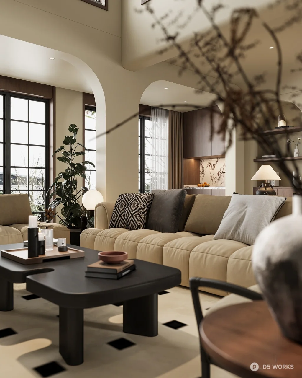 Modern Minimalist Villa Living Room With Arched Shelving And Statement Chandelier 3d model thumbnail 2