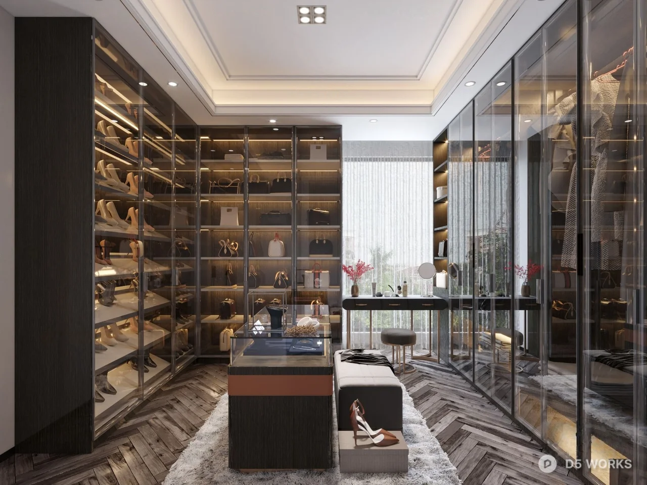 Modern Walk In Closet With Glass Display And Wooden Flooring 3d model - Image 1