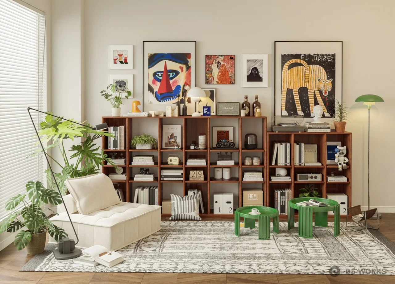 Modern Bookshelf Living Room with Art Decor 3d model - Image 1