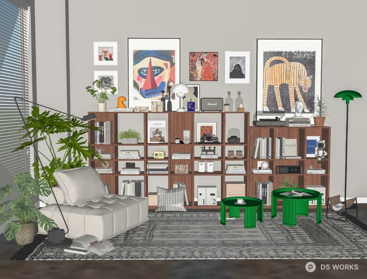 Modern Bookshelf Living Room with Art Decor 3d model thumbnail 2