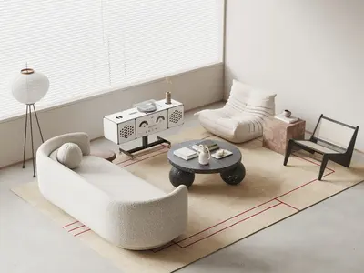 Minimalist Living Room with Curved Sofa and Round Coffee Table 3d model