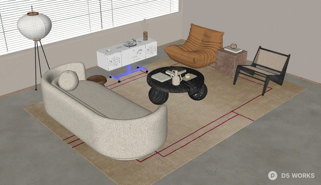 Minimalist Living Room with Curved Sofa and Round Coffee Table 3d model thumbnail 2