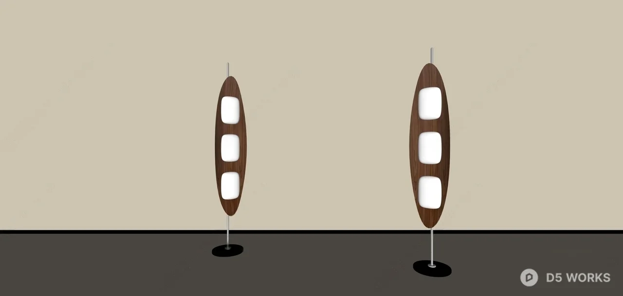 Oval Wood Grain Floor Lamp With Triple Light Panels 3d model thumbnail 2