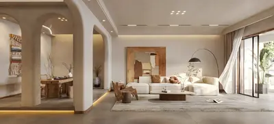 Minimalist Living Room with Arched Doorways 3d model