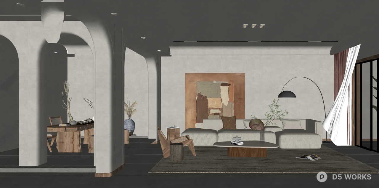Minimalist Living Room with Arched Doorways 3d model thumbnail 2