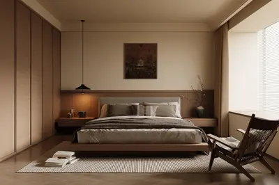 Minimalist Japanese-Style Bedroom With Integrated Headboard Lighting 3d model