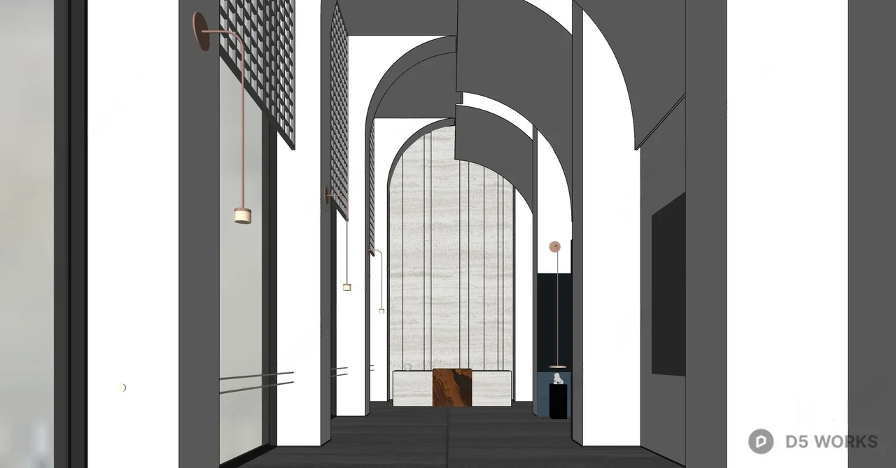 Minimalist Hotel Corridor With Arched Doorways 3d model thumbnail 2