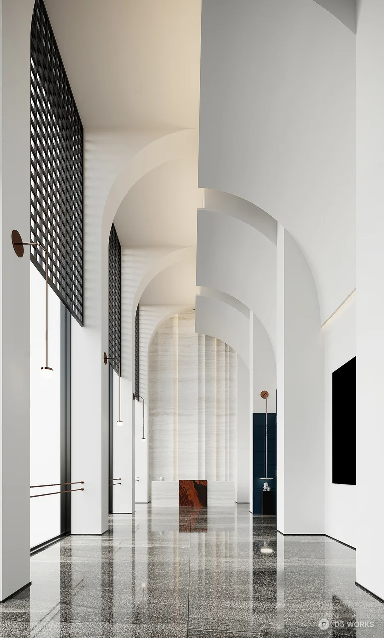 Minimalist Hotel Corridor With Arched Doorways 3d model - Image 1