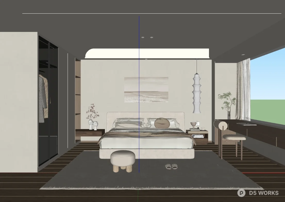 Minimalist Bedroom with Integrated Storage and Pendant Lighting 3d model thumbnail 2