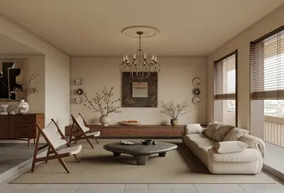 Minimalist Living Room with Chandelier and Wooden Accents 3d model
