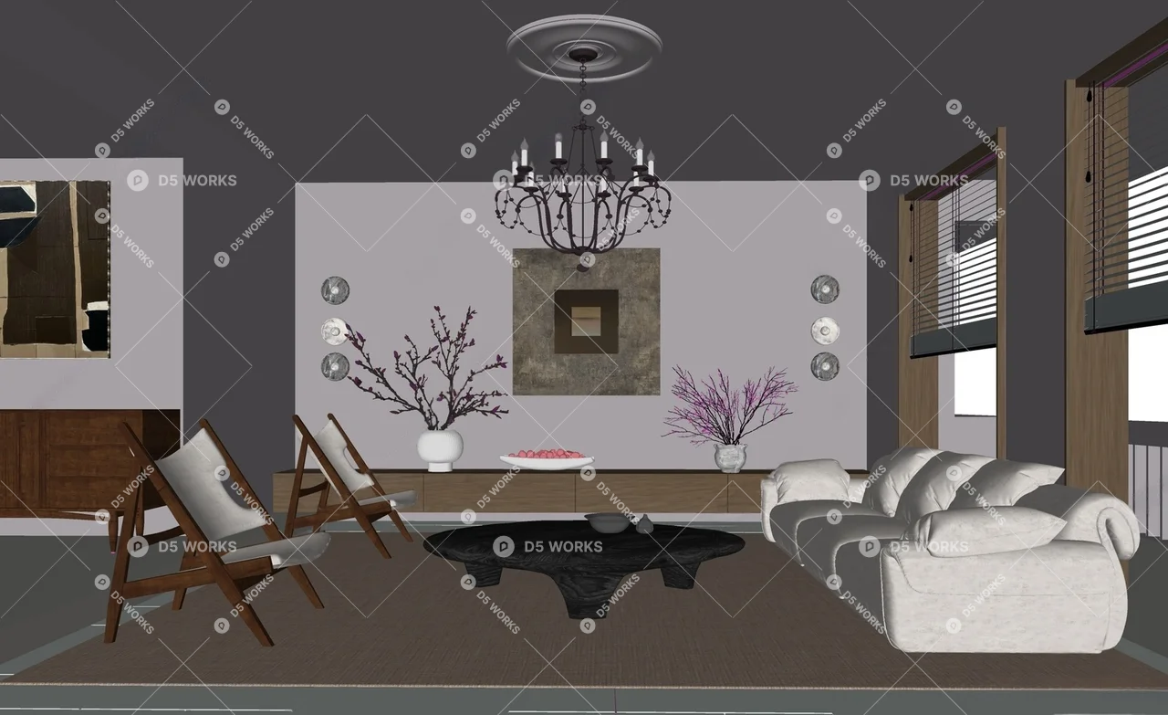 Minimalist Living Room with Chandelier and Wooden Accents 3d model thumbnail 2
