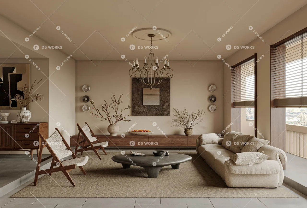 Minimalist Living Room with Chandelier and Wooden Accents 3d model - Image 1